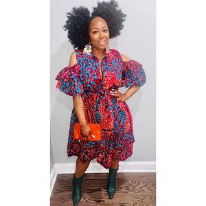 Print Ankara Wax Fabric Dress with tiered peekaboo Sleeves Elastic Waist band